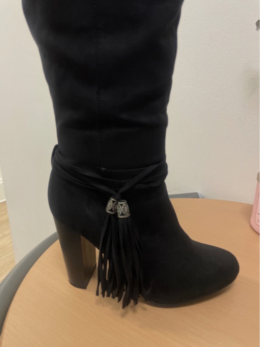 Heeled boots women vegan suede black fringe detail 7.5